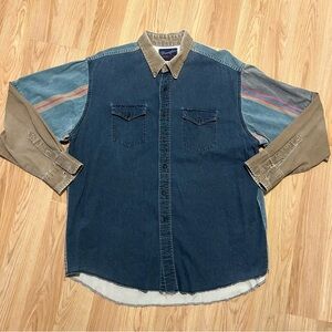 Vintage Wrangler Men’s 18-36 Brushpopper Long Sleeve Patchwork Shirt Long Tail